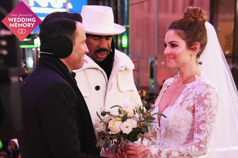 <p>Dimitrios Kambouris/Getty</p> Steve Harvey officiates as Keven Undergaro and Maria Menounos have their wedding ceremony in 2017 in New York City.