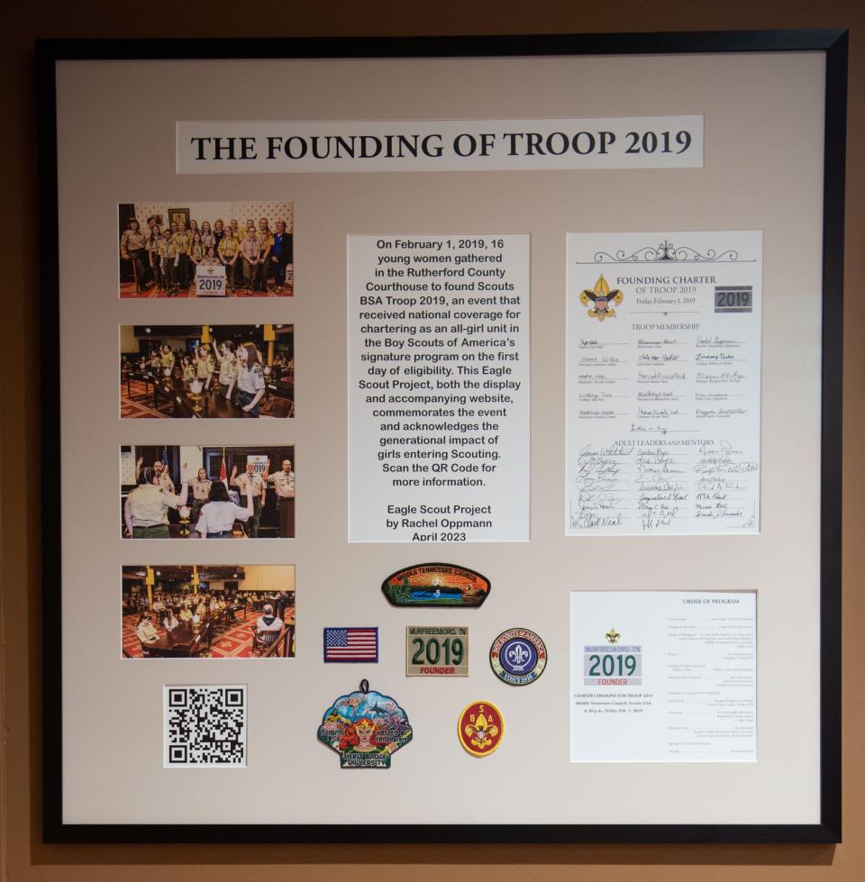 The display about Tennessee's first all-girl troop in Scouts BSA at Rutherford County Courthouse, made by troop member Rachel Oppmann. This picture was taken on Thursday, March 28, 2024.
