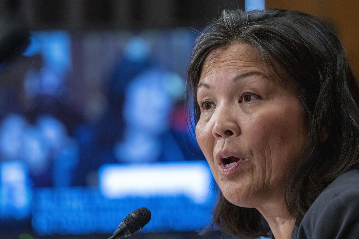 Julie Su speaks during a Senate Health, Education, Labor and Pensions confirmation hearing for her to be the Labor Secretary, on Capitol Hill, Thursday, April 20, 2023, in Washington. (AP Photo/Alex Brandon)