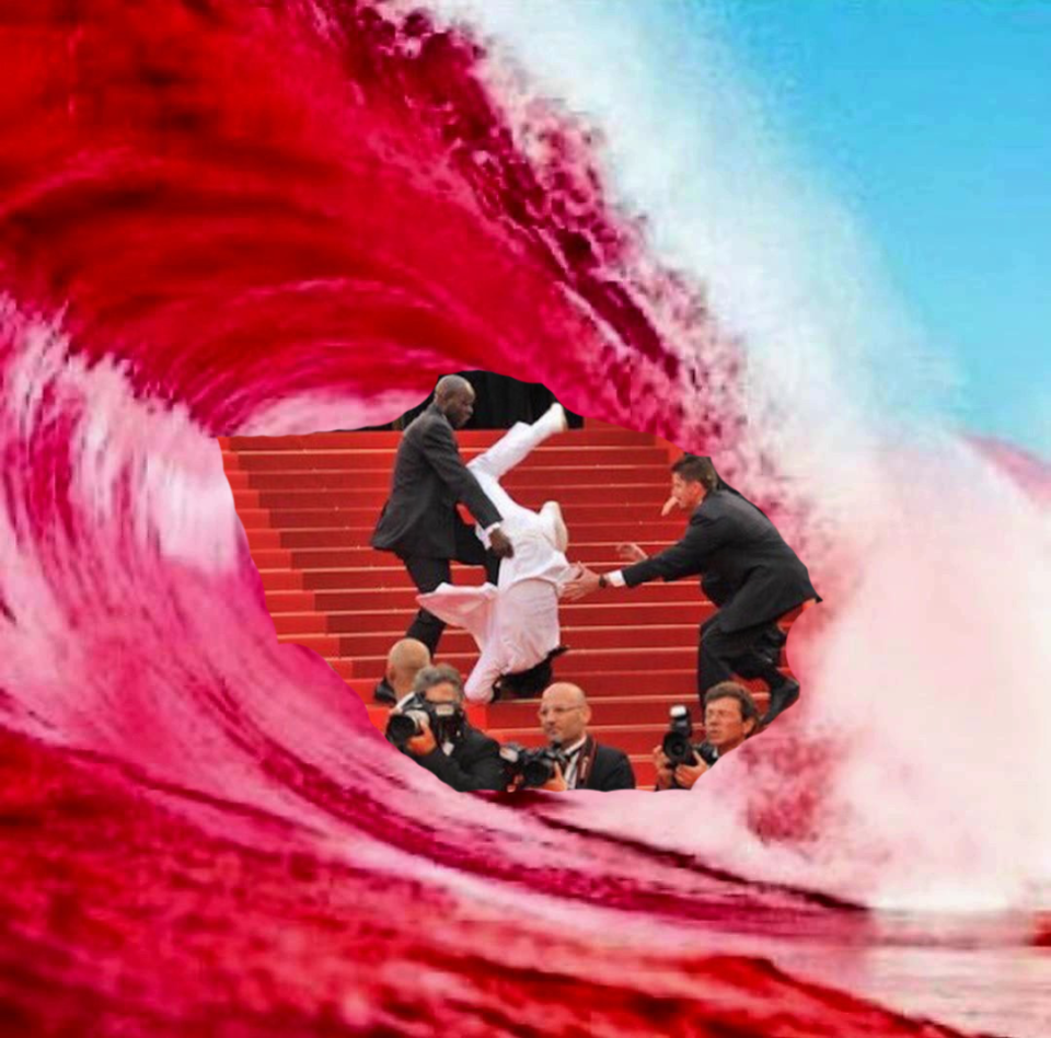 the meme image of Jason Derulo falling down the steps of the Met Gala inside a red wave