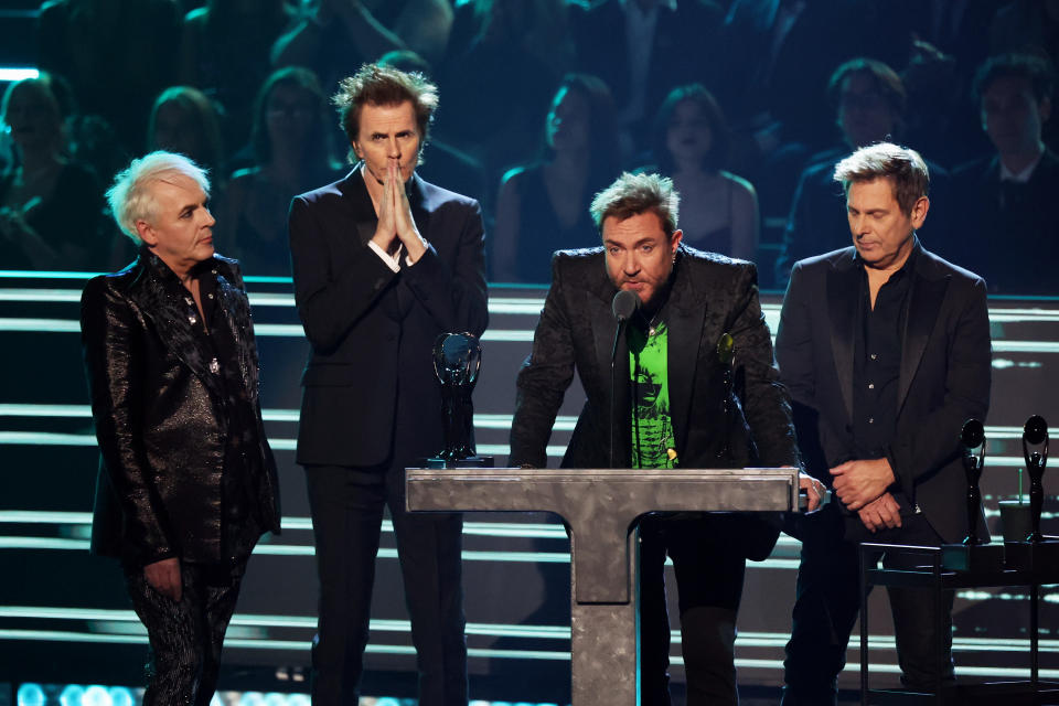 Nick Rhodes, John Taylor, Roger Taylo, and Simon Le Bon of Duran Duran speak onstage during the 37th Annual Rock & Roll Hall of Fame Induction Ceremony at Microsoft Theater on Nov. 05, 2022 in Los Angeles, California. (Photo: Kevin Kane/Getty Images for The Rock and Roll Hall of Fame)