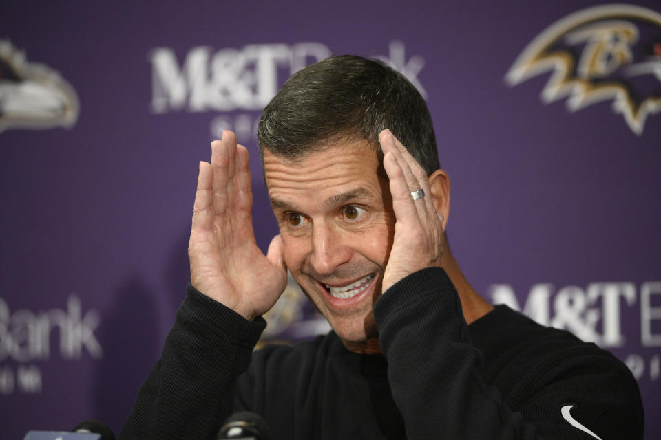 Baltimore Ravens head coach John Harbaugh addresses the media after an NFL football game against the Detroit Lions, Sunday, Oct. 22, 2023, in Baltimore. (AP Photo/Nick Wass)