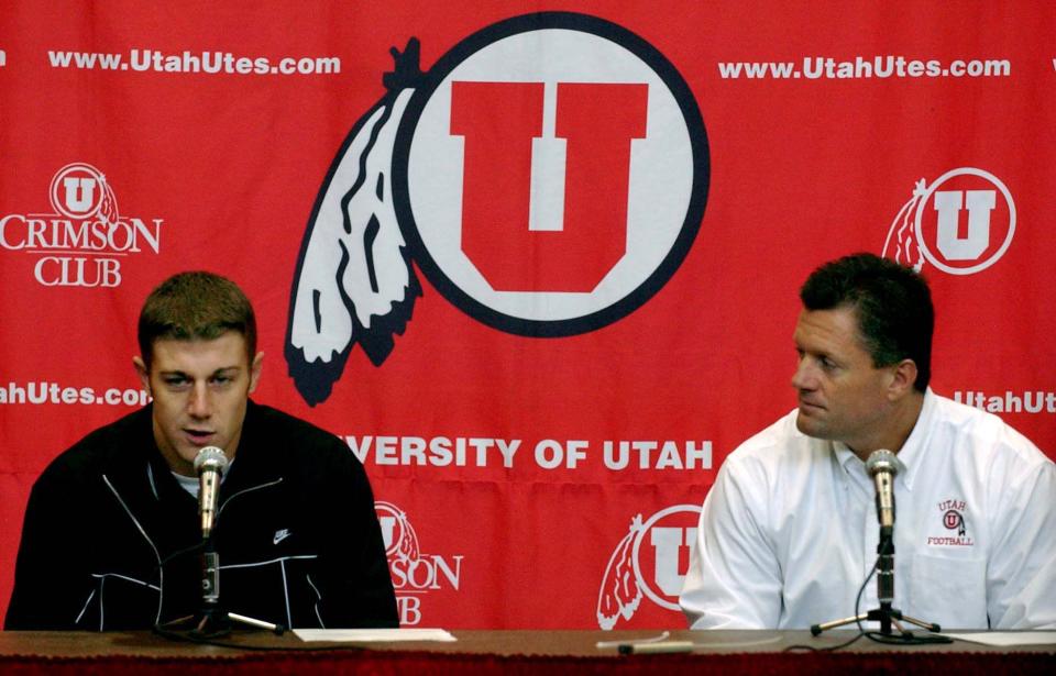 Utah’s Alex Smith, left, announces he will forego his senior year at the University of Utah in Salt Lake City.