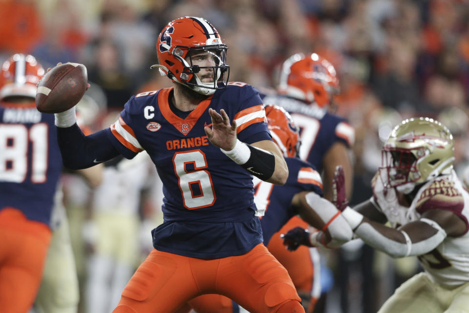 Syracuse quarterback Garrett Shrader (6) throws a pass during the first half of the team's NCAA college football game against Florida State on Saturday, Nov. 12, 2022, in Syracuse, N.Y. (AP Photo/Joshua Bessex)