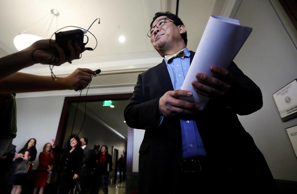 Judge Alex Kim takes questions from the media before entering a closed meeting of the Tarrant County Board of District Judges on Thursday, February 20, 2020, at the Tarrant County Family Law Center in Fort Worth. The board was gathered to vote on whether or not to remove all or some CPS cases from the 323rd District Court, where Judge Alex Kim presides.