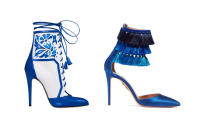 <p>Brian Atwood for Victoria’s Secret “Porcelain Angel” boots, left, and Aquazzura + Claudia Schiffer Loulou’s tasseled satin pumps, <a rel="nofollow noopener" href="https://www.net-a-porter.com/us/en/product/976988/aquazzura/--claudia-schiffer-loulou-s-tasseled-satin-pumps" target="_blank" data-ylk="slk:$850 Net-a-Porter;elm:context_link;itc:0;sec:content-canvas" class="link ">$850 Net-a-Porter</a> (Photo: Victoria’s Secret/Net-a-Porter) </p>