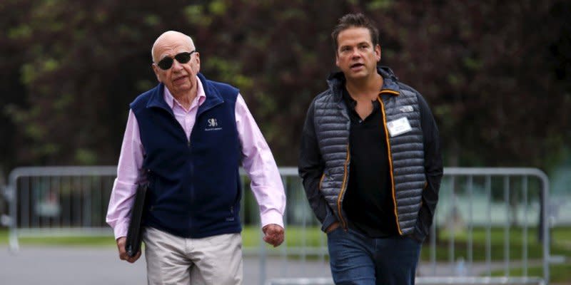 FILE PHOTO: 21st Century Fox Executive Co-Chairmen Rupert Murdoch (L) and his son Lachlan attend the first day of the annual Allen and Co. media conference in Sun Valley, Idaho July 8, 2015.  REUTERS/Mike Blake