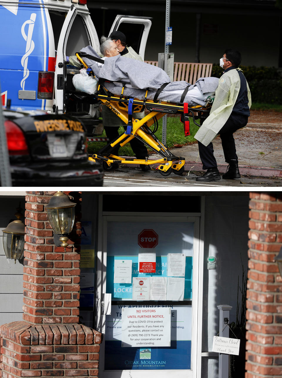 A patient is evacuated from the Magnolia Rehabilitation and Nursing Center in Riverside, Calif. Below, warning notices are posted on a door at an entrance to the Cedar Mountain Post Acute nursing facility in Yucaipa, Calif.