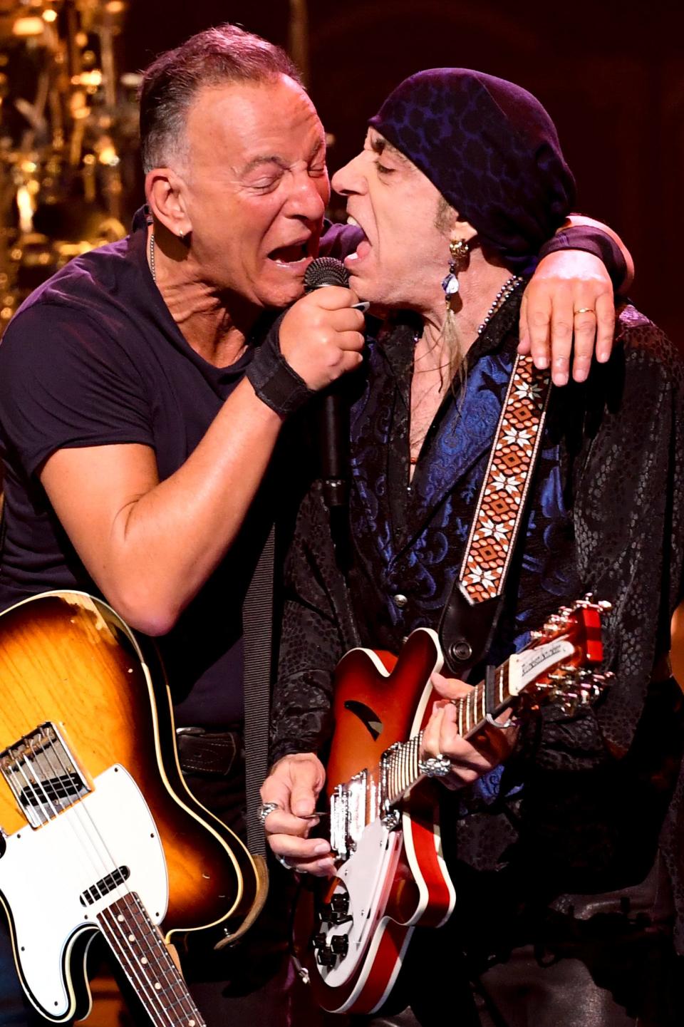 Bruce Springsteen and E Street Band guitarist Steven Van Zandt frequently share a mic during the band's nearly three-hour shows on this 2023 tour. Here, they perform at the Hard Rock Live in Hollywood, Florida, on Feb 7.