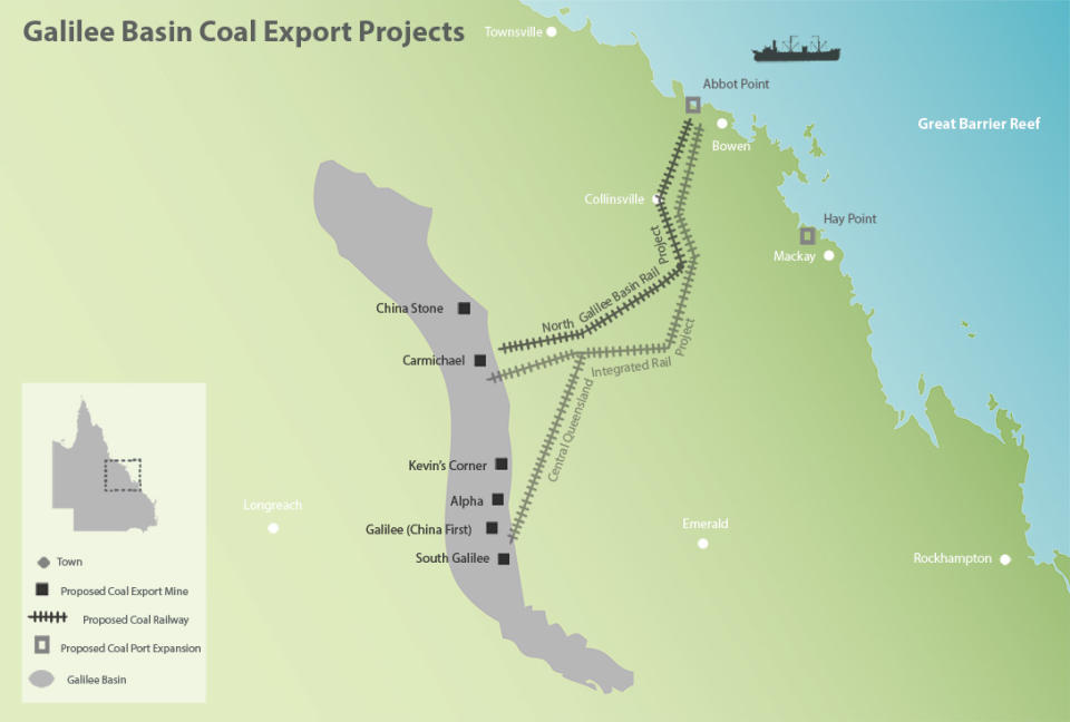 This is a map of the Galilee Basin in Queensland. It shows Adani's Carmichael mine, which is located within the Basin, and its proposed North Galilee Basin rail structure, which links to Abbot Point. Source: Galileebasin.org