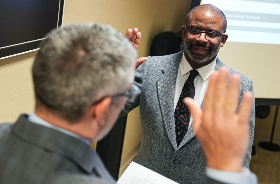 Kevin Humphrey, school board member, is sworn into office Wednesday, Jan. 11, 2023 at Warren Township Education and Community Center on Post Road in Indianapolis. 