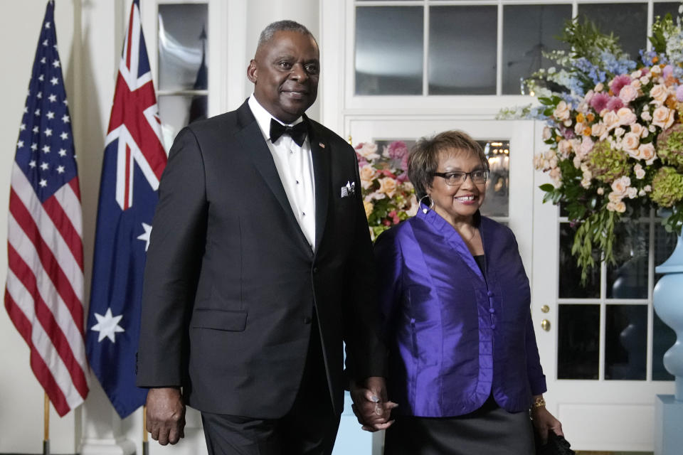 Secretary of Defense Lloyd Austin and Charlene Austin, arrive for the State Dinner hosted by President Joe Biden and first lady Jill Biden in honor of Australian Prime Minister Anthony Albanese620, at the White House in Washington, Wednesday, Oct. 25, 2023, in Washington. (AP Photo/Manuel Balce Ceneta)