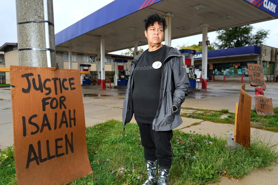 Natalie Easter Allen, the mother of Isaiah Allen, stands outside the Teutonia Gas & Food gas station at 4295 N. Teutonia Avenue in Milwaukee on Wednesday, Sept. 27, 2023, where her son was shot and killed in August by a security guard. Since then, members of his family and the community have camped outside the business to ensure it won't open again and have pushed city officials to pull its license. A city committee recommended to pull the license last week. The Common Council will take a final vote Oct. 10.