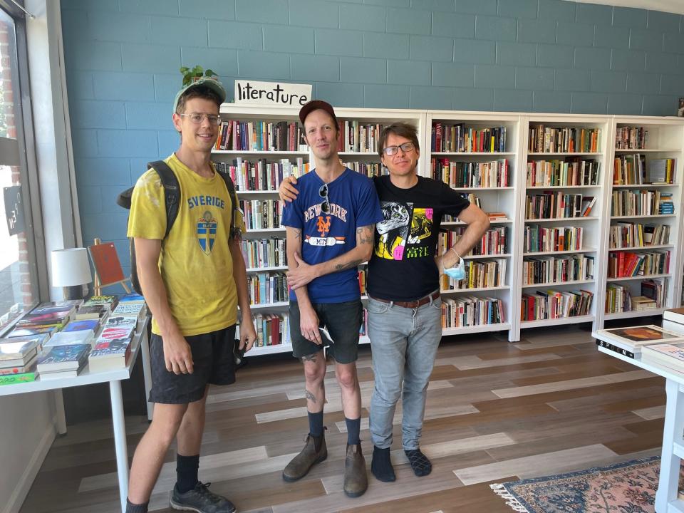 Kevin Horn and Chris Watson of Mutual Aid Space Knox, which was recently devastated by flood, meet with Bryce McQuern of lowercase books in Parkridge, who is helping them out by housing some of their library. Aug. 3, 2022