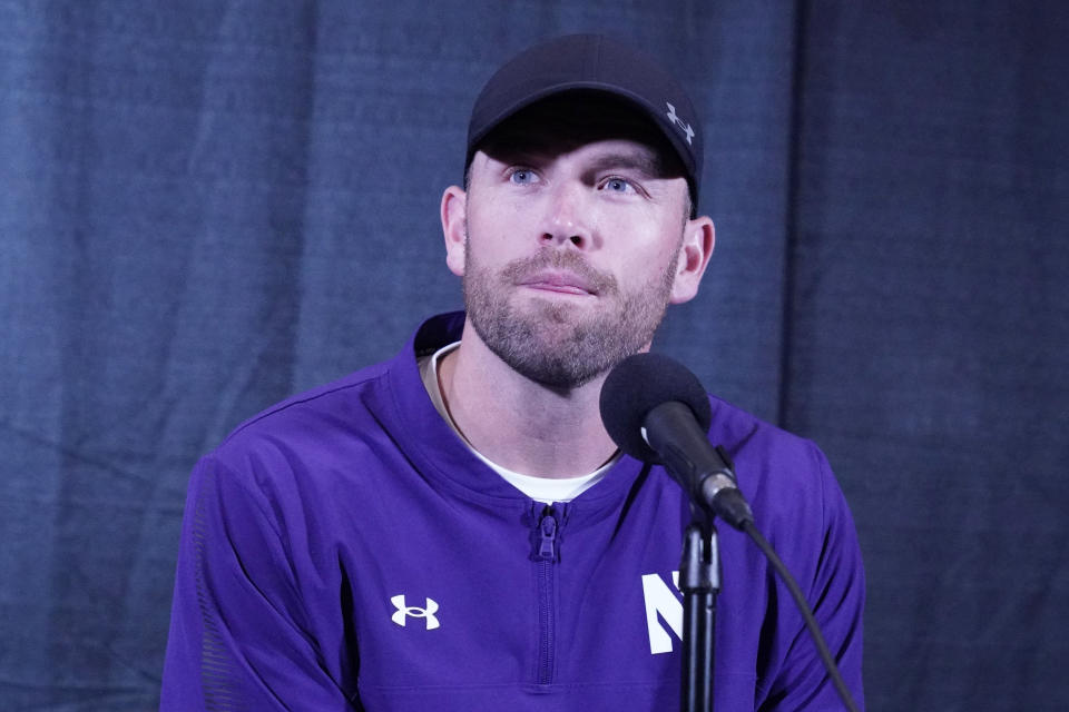 Northwestern interim head coach David Braun listens to a question during a news conference at Walter Athletics Center in Evanston, Ill., Wednesday, Aug. 9, 2023. (AP Photo/Nam Y. Huh)