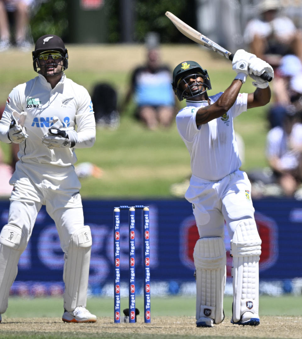 Keegan Petersen of South Africa bats on day three of the first cricket test between New Zealand and South Africa at Bay Oval, Mt Maunganui, New Zealand, Tuesday, Feb. 6, 2024. (Photo: Andrew Cornaga/Photosport via AP)