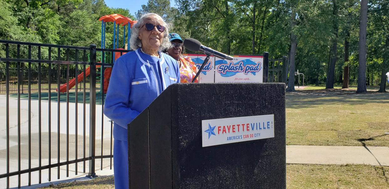 Mable C. Smith, a former Fayetteville City Council member, speaks on Monday, May 1, during a ceremony to mark the opening of a new splash pad and groundbreaking for a community center. The event was held at the park named for Smith on Shadbush Lane in Fayetteville, NC. Councilwoman Shakeyla Ingram is behind Smith.