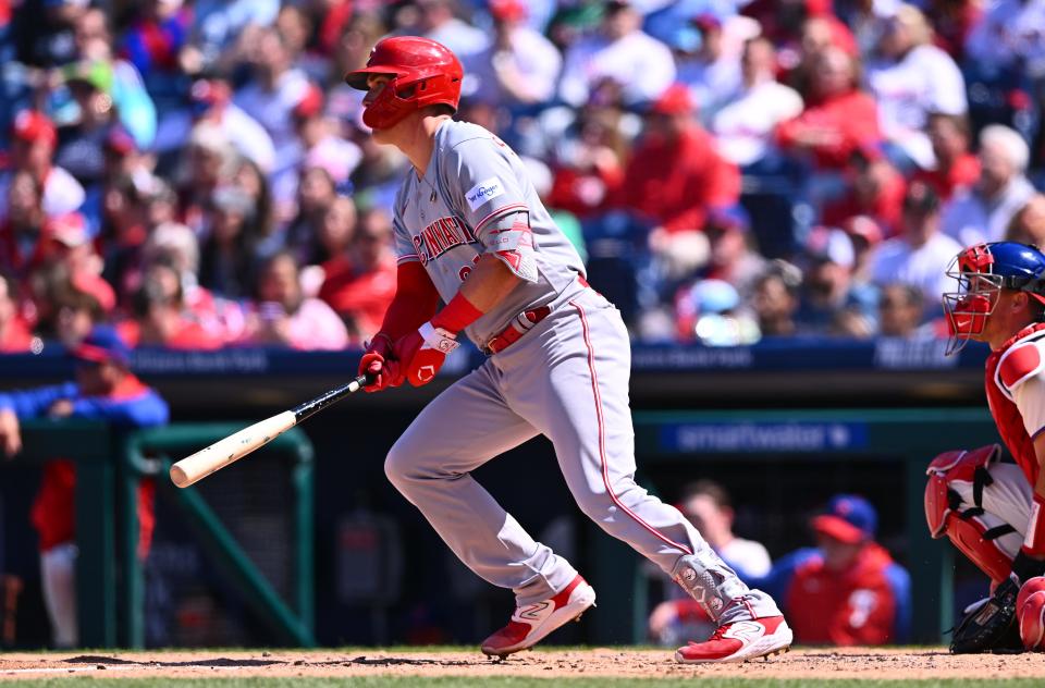 Apr 9, 2023; Philadelphia, Pennsylvania, USA; Cincinnati Reds catcher Tyler Stephenson (37) hits an RBI single against the Philadelphia Phillies in the fourth inning at Citizens Bank Park. Mandatory Credit: Kyle Ross-USA TODAY Sports