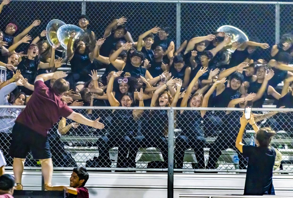 Members of the Bastrop band rally from the stands during the Oct. 6 game with Cedar Creek. The Bears host Liberty Hill on Friday night in one of Central Texas' best matchups.