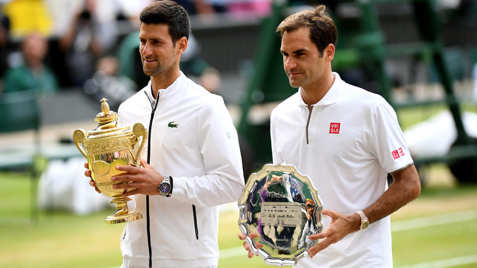 Novak Djokovic and Roger Federer, pictured here after the 2019 Wimbledon final.