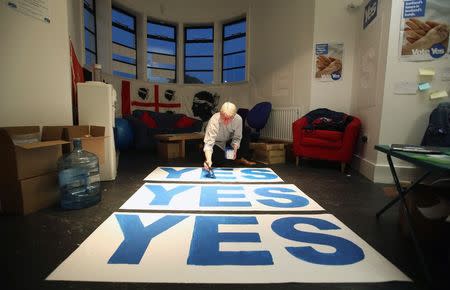 'Yes' campaign activist Lloyd Quinan paints campaign posters in an office in Edinburgh September 11, 2014.REUTERS/Paul Hackett