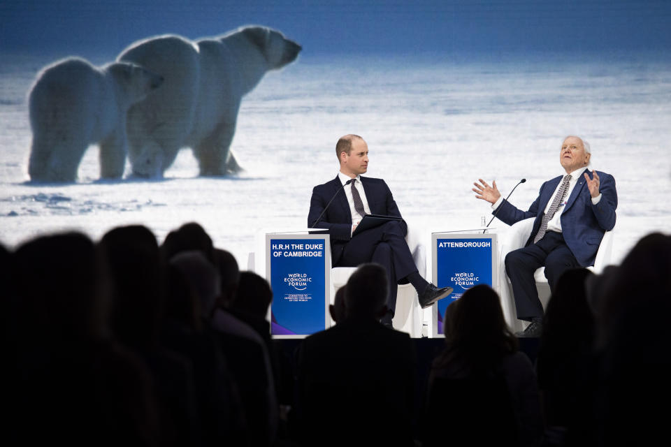 Britain's Prince William, left, and Sir David Attenborough, broadcaster and natural historian, attend a session at the annual meeting of the World Economic Forum in Davos, Switzerland, Tuesday, Jan. 22, 2019. (Gian Ehrenzeller/Keystone via AP)