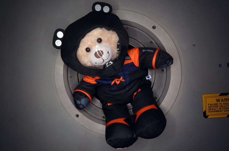 The Axiom Space Bear, a larger version of the Ax-2 zero-g indicator 