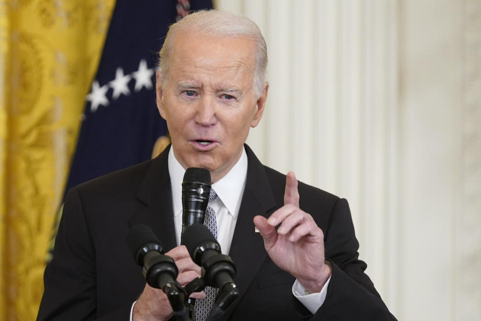 President Joe Biden speaks during a Nowruz celebration in the East Room of the White House, Monday, March 20, 2023, in Washington. Biden has signed into law legislation officially nullifying the recent overhaul of the District of Columbia criminal code. But the signature merely marks the end of a raucous first chapter in what promises to be an extended fight between Congress and local lawmakers. (AP Photo/Evan Vucci)