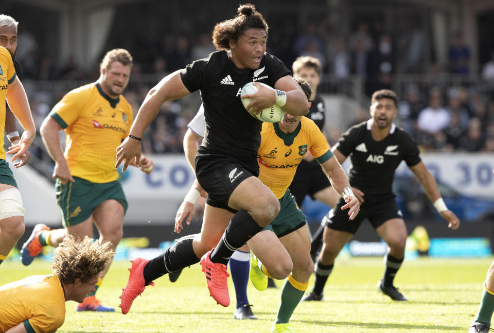 New Zealand's Caleb Clarke makes a run during the second Bledisloe Rugby test between the All Blacks and the Wallabies at Eden Park in Auckland, New Zealand, Sunday, Oct. 18, 2020. (AP Photo/Mark Baker)