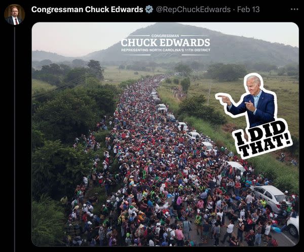 Republican US Rep Chuck Edwards of North Carolina posted a picture of a migrant caravan that was taken in 2018 and not during President Joe Biden's administration.