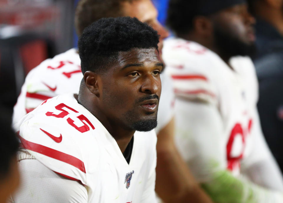 Oct 31, 2019; Glendale, AZ, USA; San Francisco 49ers defensive end Dee Ford (55) against the Arizona Cardinals at State Farm Stadium. Mandatory Credit: Mark J. Rebilas-USA TODAY Sports