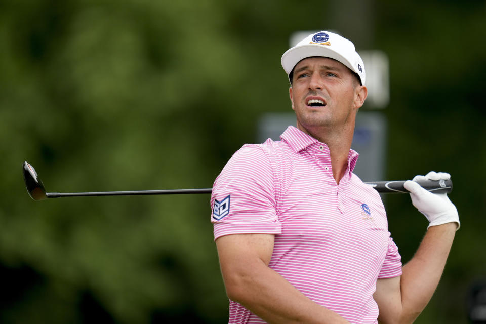 Bryson DeChambeau watches his tee shot on the sixth hole during the second round of the PGA Championship golf tournament at the Valhalla Golf Club, Friday, May 17, 2024, in Louisville, Ky. (AP Photo/Jeff Roberson)