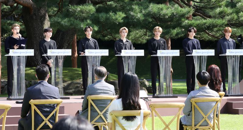 FILE PHOTO: Members of K-Pop boyband BTS attend Youth Day at the Presidential Blue House in Seoul