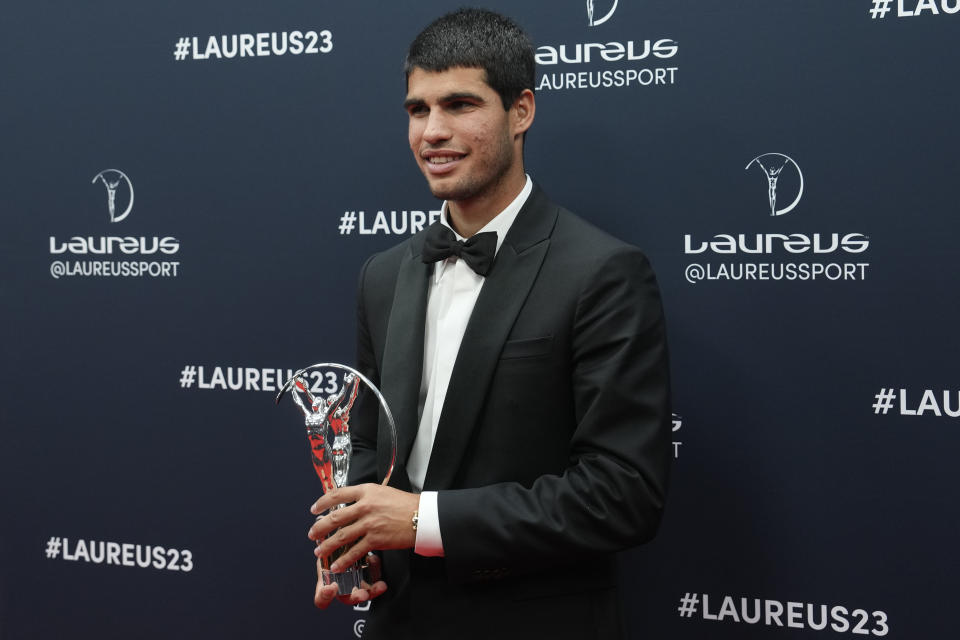 Tennis player Carlos Alcaraz from Spain poses after he was presented the award for breakthrough of the year at the Laureus Sports Awards ceremony in Paris, Monday, May 8, 2023. (AP Photo/Lewis Joly)