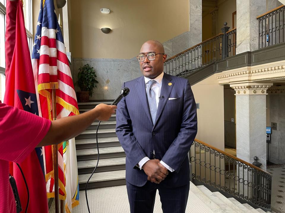 Little Rock Mayor Frank Scott talks to reporters at City Hall in Little Rock, Arkansas after filing to run for reelection on Monday, Aug. 8, 2022. Scott, the city's first popularly elected Black mayor, faces three challengers in the coming November election. (AP Photo/Andrew DeMillo)