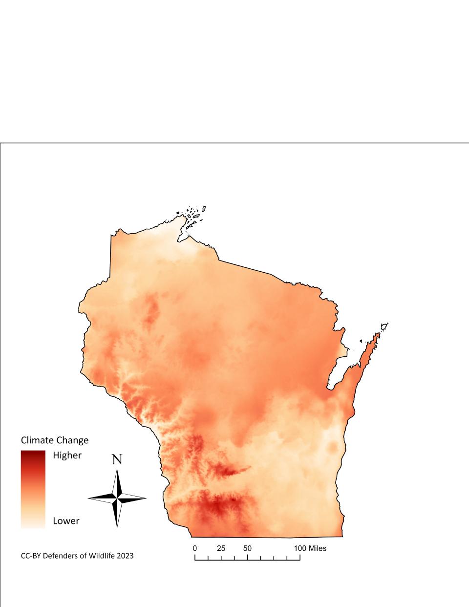 Wisconsin is the 11th most at risk state in the country for biodiversity loss, according to a new report. The most drastic losses will come from climate change as more intense precipitation and rising temperatures affect where species can live. Areas in darker red are where scientists predict a greater departure from current climate by the end of the century.