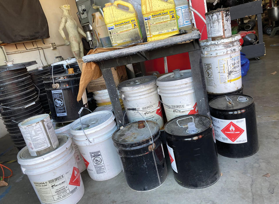 Buckets of flammable polyester resin in the Henson Creature Workshop, where wranglers claim working conditions are hazardous. - Credit: Buckets of flammable polyester resin in the Henson Creature Workshop, where wranglers claim working conditions are hazardous.