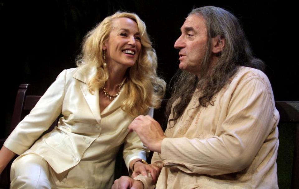 Stephen Greif as Scott Ginsburg, with Jerry Hall, during rehearsals for Benchmark at the New End theatre in Hampstead, London, 2002.
