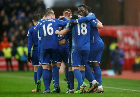 Football Soccer - Stoke City v Everton - Barclays Premier League - Britannia Stadium - 6/2/16 Seamus Coleman celebrates with teammates after scoring the second goal for Everton Action Images via Reuters / Ed Sykes Livepic