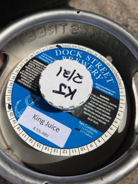 A keg of Dock Street King Juice DIPA, ready to be tapped at Delaware Ave. Oyster House in Beach Haven.