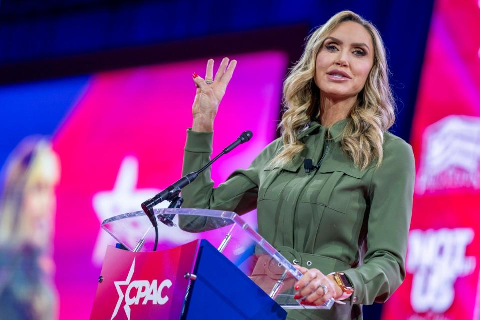 Lara Trump – Donald Trump’s daughter-in-law and potential RNC leader – rejects what she called a ‘fabricated notion that you can change your gender like you change your shoes’ at CPAC on 22 February (EPA)