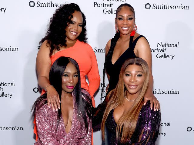 <p>Paul Morigi/Getty</p> Venus Williams, Isha Price, Lyndrea Price and Serena Williams attend the 2022 Portrait of a Nation Gala