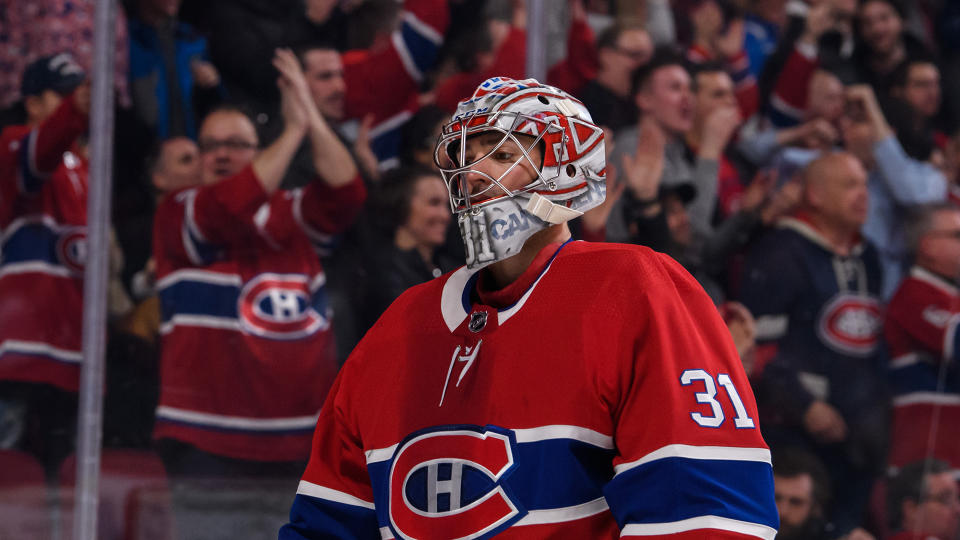 Carey Price was feeling the love from Canadiens fans in his season debut on Friday. (Photo by Vincent Ethier/Icon Sportswire via Getty Images)