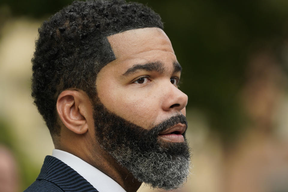 Mayor Chokwe Antar Lumumba speaks during a news conference at City Hall in Jackson, Miss., regarding updates on the ongoing water infrastructure issues, Tuesday, Sept. 6, 2022. (AP Photo/Rogelio V. Solis)