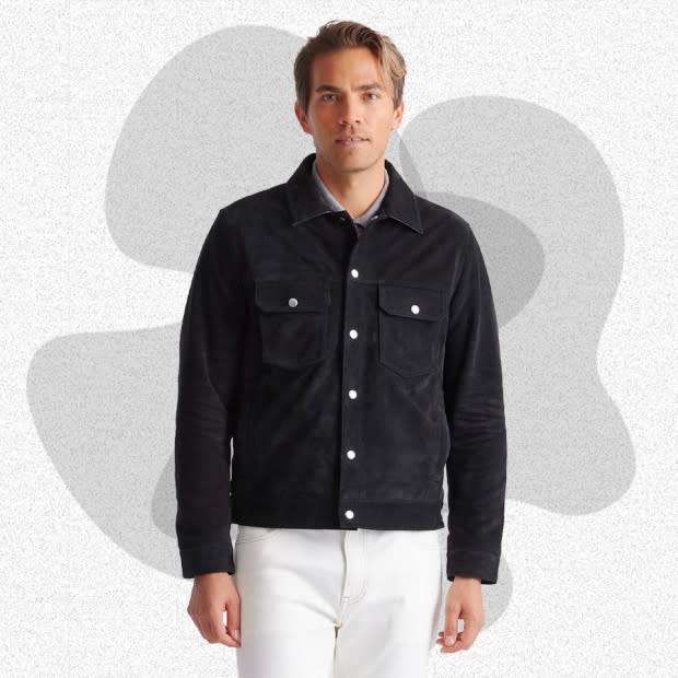 <p>Courtesy of Quince</p><p>A 100% Italian calf suede jacket sounds expensive, and normally it would be. But by streaming its supply chain, Quince is able to offer an impressively affordable take on the suede trucker. Available in several stylish colors, this jacket has snap buttons, chest and hand pockets, and a soft lining. And just because it’s affordable, that doesn’t mean Quince cut corners. The leather used for this jacket is tanned in a <a href="https://www.leatherworkinggroup.com/about/" rel="nofollow noopener" target="_blank" data-ylk="slk:Leather Working Group-certified;elm:context_link;itc:0;sec:content-canvas" class="link ">Leather Working Group-certified</a> tannery, reducing the use of water and harsh chemicals in the tanning process. </p><p>[$250; <a href="https://go.skimresources.com?id=106246X1712071&xs=1&xcust=mj-bestleatherjackets-jzavaleta-080423-update&url=https%3A%2F%2Fwww.quince.com%2Fmen%2Fsuede-trucker-jacket%3Fcolor%3Dblack" rel="noopener" target="_blank" data-ylk="slk:quince.com;elm:context_link;itc:0;sec:content-canvas" class="link ">quince.com</a>] </p>
