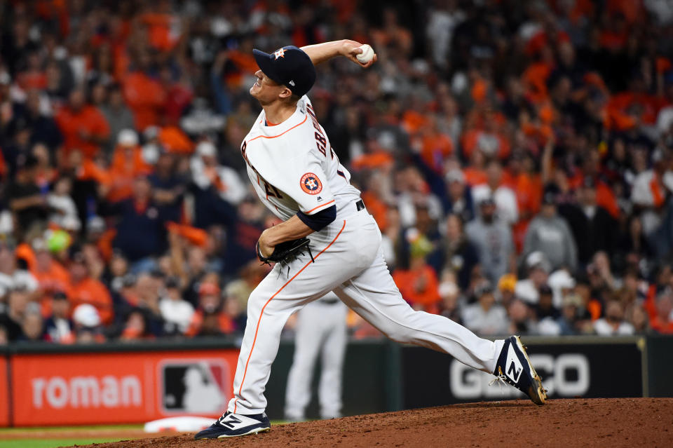 HOUSTON, TX - OCTOBER 12:  Zack Greinke #21 of the Houston Astros pitches during Game 1 of the ALCS between the New York Yankees and the Houston Astros at Minute Maid Park on Saturday, October 12, 2019 in Houston, Texas. (Photo by Cooper Neill/MLB Photos via Getty Images)