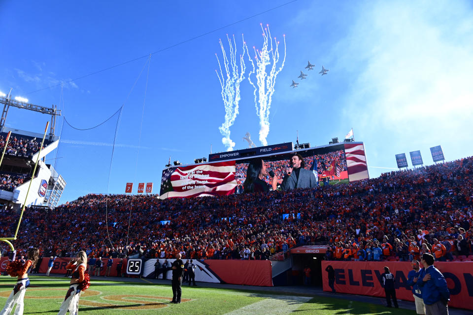 Dec 12, 2021; Denver, Colorado, USA; General view as F-16 fighter jets fly over before the start of the game between the Detroit Lions against the Denver Broncos at Empower Field at Mile High. Mandatory Credit: Ron Chenoy-USA TODAY Sports