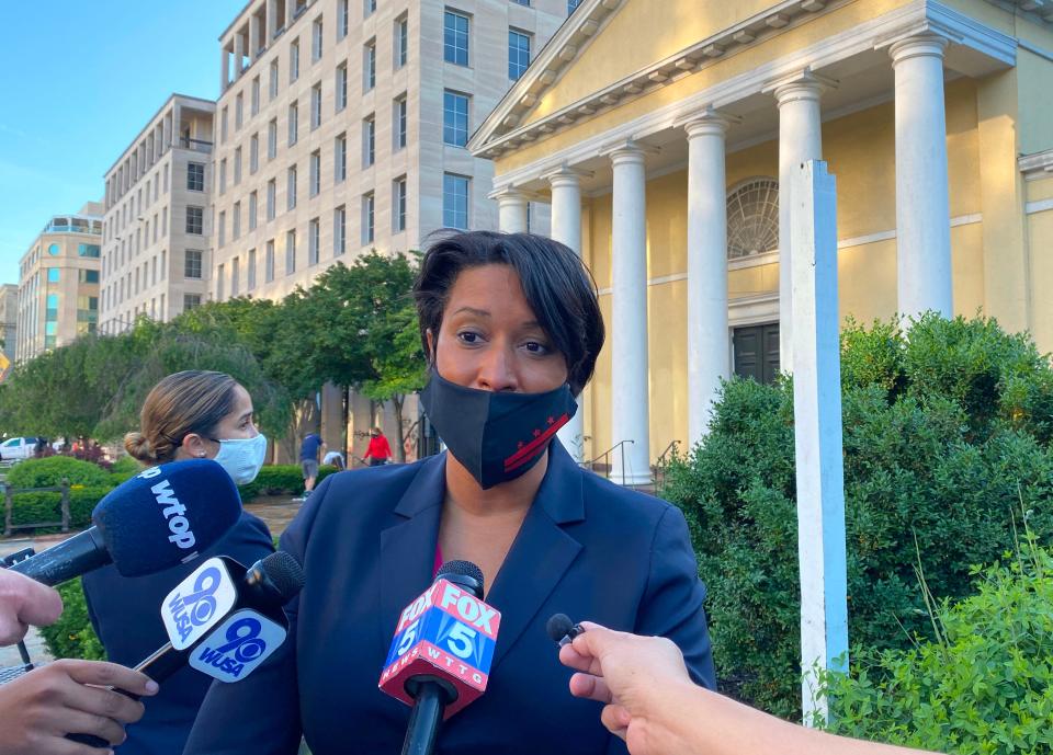 Washington, D.C., Mayor Muriel Bowser speaks to the press on June 1, 2020, in front of Saint John's church near the White House, after police fired tear gas outside the White House late Sunday as anti-racism protestors again took to the streets to voice fury at police brutality.