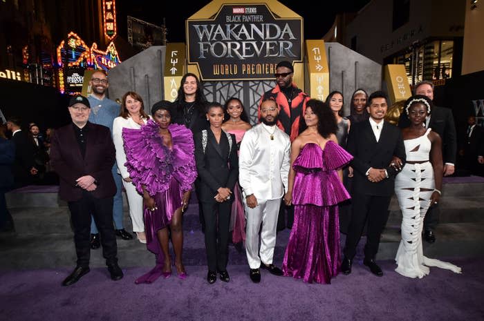 The cast and director of Black Panther pose for a group photo with Kevin Feige