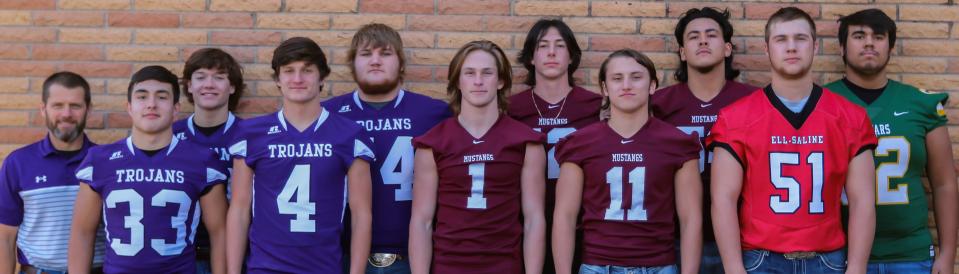 The 2021 All-Saline County football team: Back Row from L to R: Mitch Gebhardt, Southeast of Saline; Luke Gebhardt, Southeast of Saline; Parker Kavanagh, Salina Central; Angel Luna, Salina Central; Shae LeFort, Salina South. Front Row: Matthew Rodriguez, Southeast of Saline; Chase Poague, Southeast of Saline; Jaxon Kolzow, Salina Central; Logan Losey, Salina Central; Kayden Goddard, Ell-Saline. Not pictured: Kayson Dietz, Salina South.